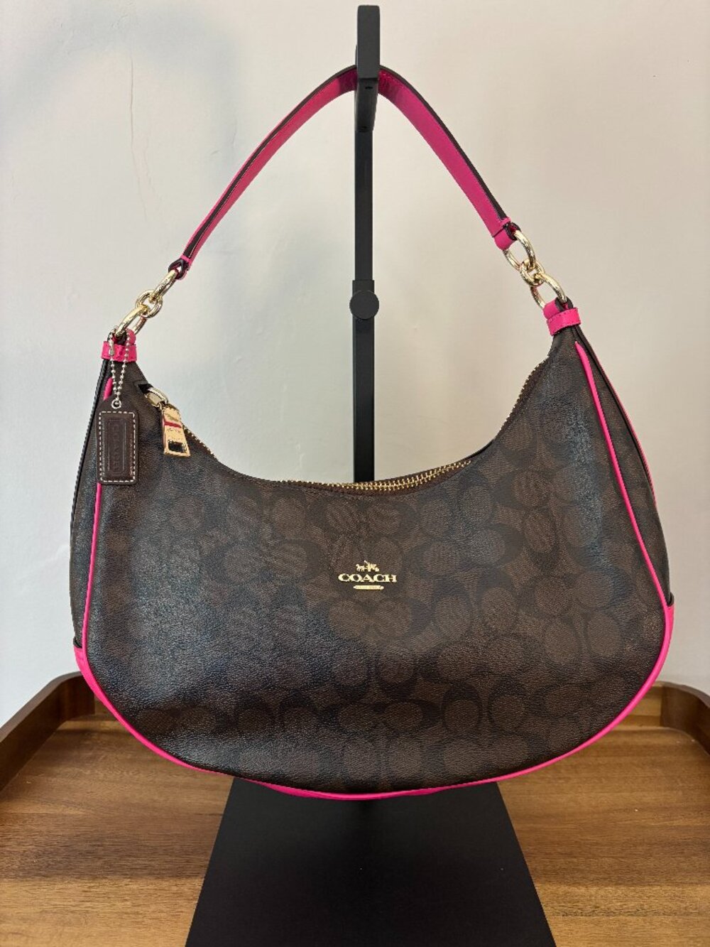 Coach Harley East West Brown Black Signature Coated Canvas Pink Leather Hobo